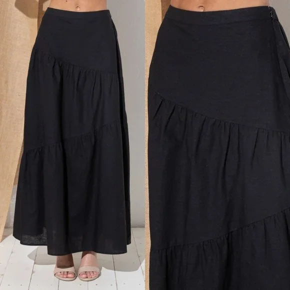Linen & Cotton Blend Black Tiered Maxi Skirt - Picture 3 of 3